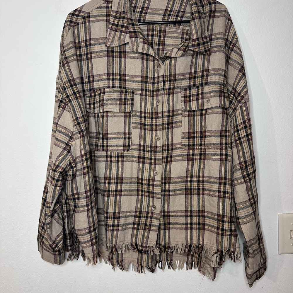 Plaid Button Down Shirt with Fringed Hem